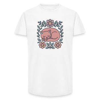 Chat rose endormi dans une couronne de fleurs - T-shirt coupe longue homme - blanc - Devant - AI Model Male 185 light (185cm)