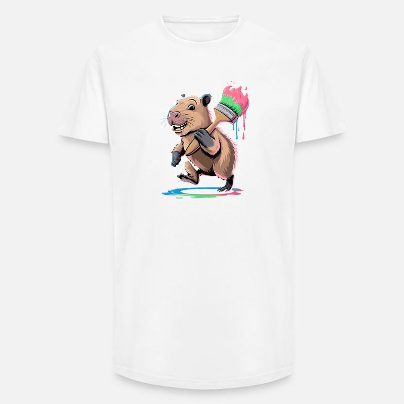  Lustiges Capybara mit Buntem Pinsel Farbkleckse - Long Fit Männer T-Shirt - Weiß