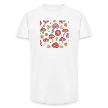 Design rétro à motifs floraux champignons années 70 - T-shirt coupe longue homme - blanc - Devant - AI Model Male 185 light (185cm)