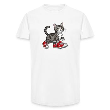 Cute Cat with Red Sneakers - uniq Design - Long Fit Men's T-Shirt - white - Front - AI Model Male 185 light (185cm)