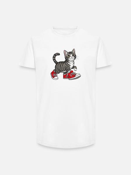 Sød kat med røde sneakers - uniq Design - Long fit herre T-shirt - hvid
