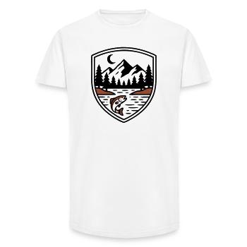 Mountains Forest Fish Shield Logo - Long Fit Men's T-Shirt - white - Front - AI Model Male 185 light (185cm)