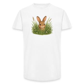 Süßer Hase im Gras Natur Cartoon Motiv  - Long Fit Männer T-Shirt - Weiß - Vorne - AI Model Male 185 light (185cm)