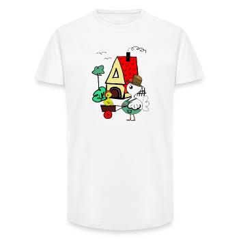Colorful bird in front of A-house farm scene - Long Fit Men's T-Shirt - white - Front - AI Model Male 185 light (185cm)
