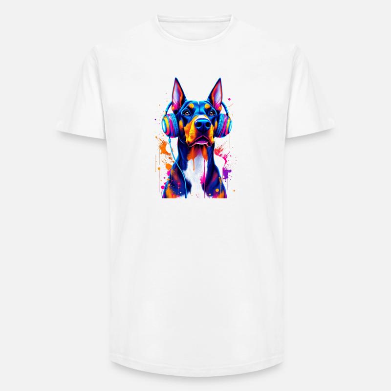 Dobermann mit Kopfhörern - Long Fit Männer T-Shirt - Weiß