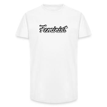 Script féministe sur les vêtements - T-shirt coupe longue homme - blanc - Devant - AI Model Male 185 light (185cm)