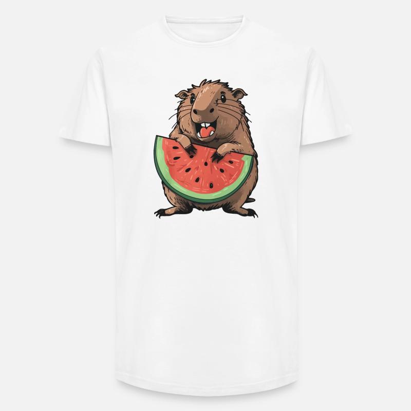 Capybara mangeant de la pastèque - T-shirt coupe longue homme - blanc