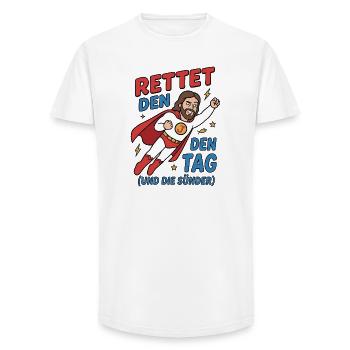Rettet den Tag Jesus Humor Design - Long Fit Männer T-Shirt - Weiß - Vorne - AI Model Male 185 light (185cm)
