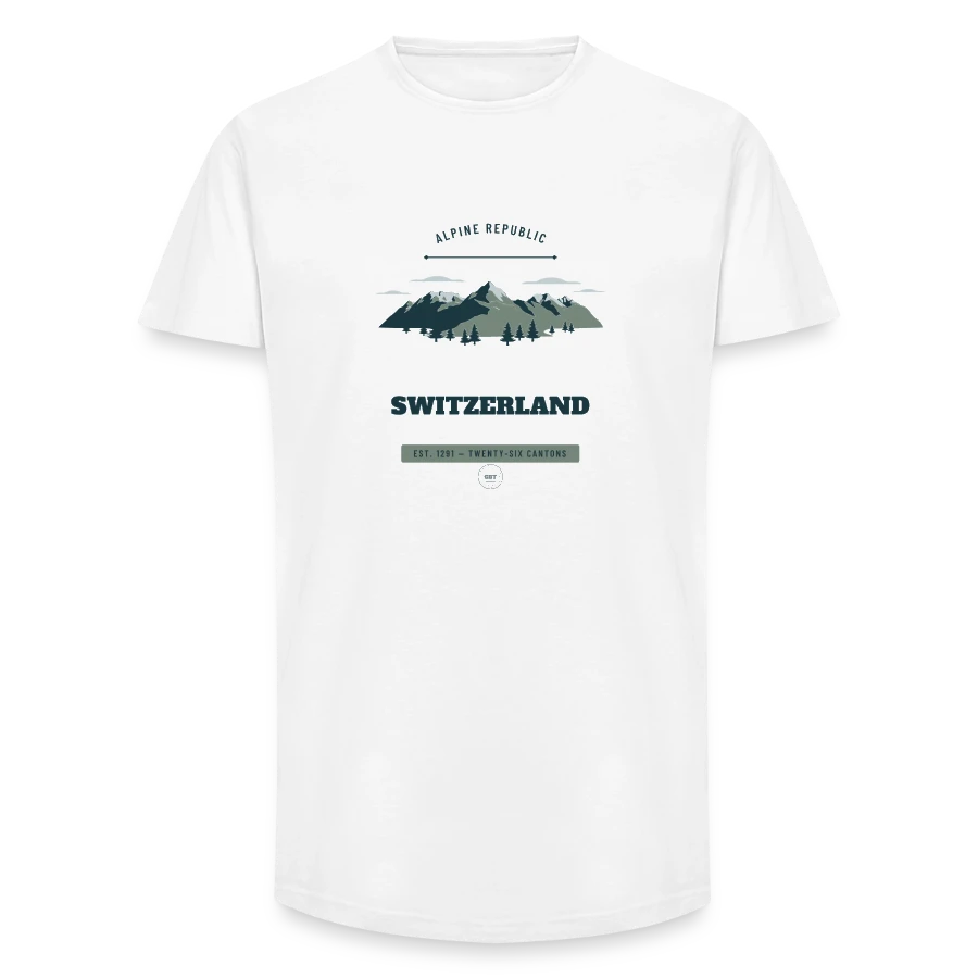 Switzerland badge on a long fit men's t-shirt, white