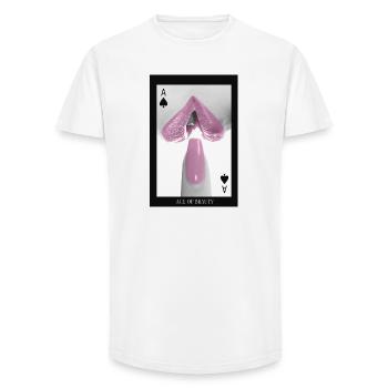 Ace of Beauty – Design de poker minimaliste à lèvres - T-shirt coupe longue homme - blanc - Devant - AI Model Male 185 light (185cm)