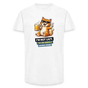 Chat économe en énergie Pas paresseux - T-shirt coupe longue homme - blanc - Devant - AI Model Male 185 light (185cm)