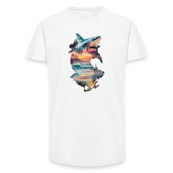 Shark, Sunset, Beach, Palm Trees, Sea, Nature - Long Fit Men's T-Shirt - white - Front - AI Model Male 185 light (185cm)