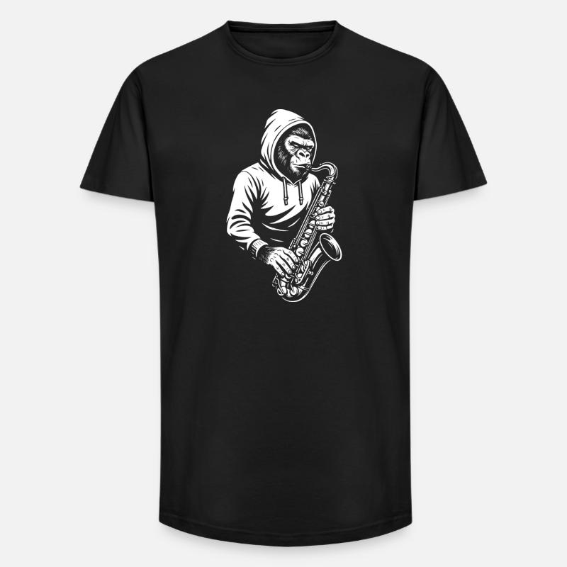 Affe im Kapuzenpullover Saxophon Design - Long Fit Männer T-Shirt - Schwarz