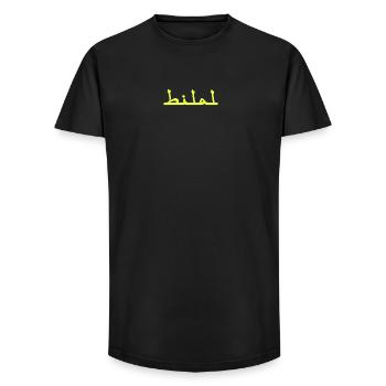 Bilal Neon Font Yellow on Black - Long Fit Men's T-Shirt - black - Front - AI Model Male 185 light (185cm)