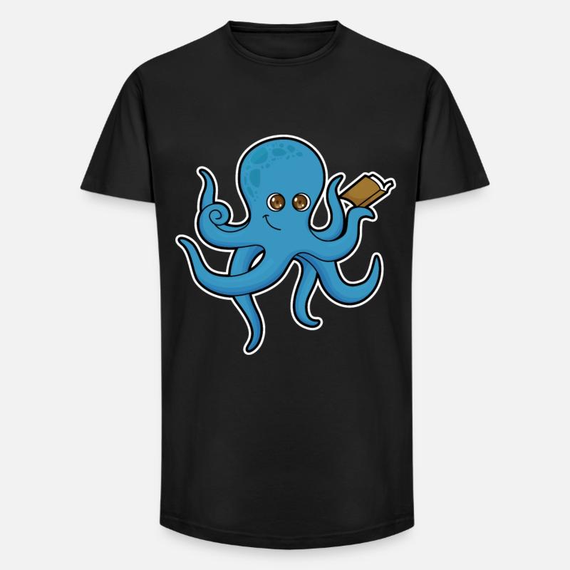 Krake mit Buch - Long Fit Männer T-Shirt - Schwarz
