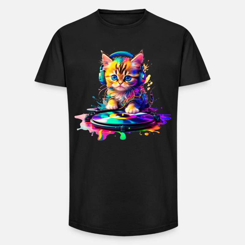 Kätzchen DJ - Regenbogen 2 - Long Fit Männer T-Shirt - Schwarz