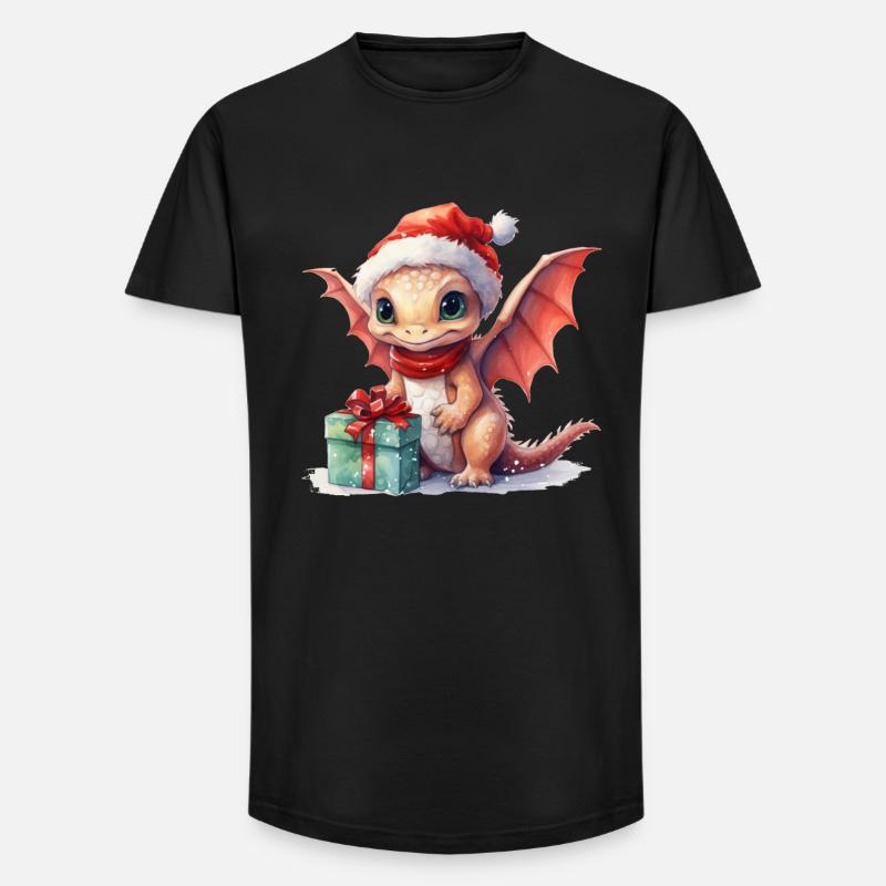 Weihnachtsdrache mit Geschenk - Long Fit Männer T-Shirt - Schwarz