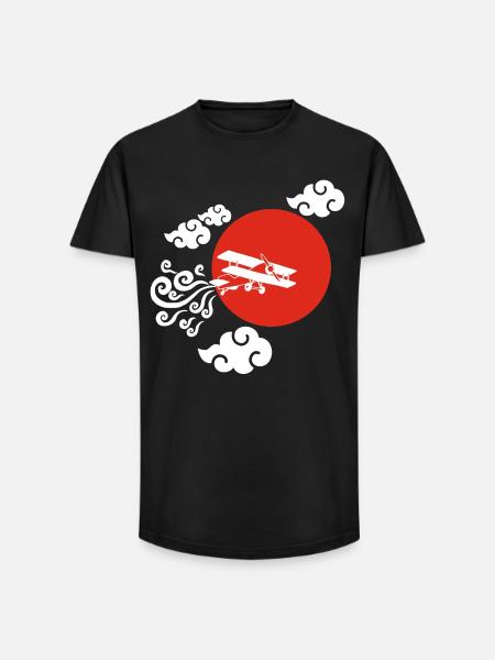 White Airplane and Red Sun - Long Fit Men's T-Shirt - black