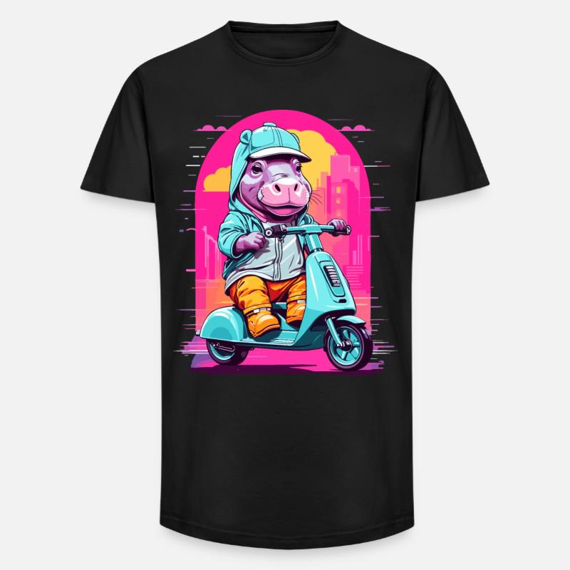 Nilpferd auf Roller - Long Fit Männer T-Shirt - Schwarz