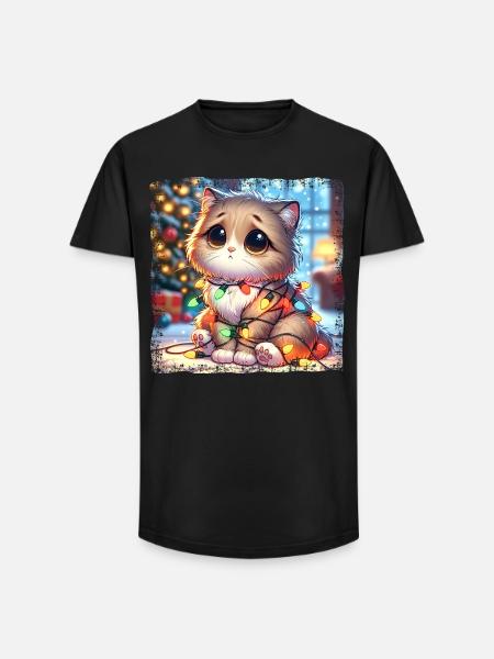 Cute Christmas Cat Clumsy Tangled - Long Fit Men's T-Shirt - black