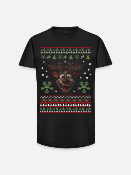 Happy reindeer with lights - Long Fit Men's T-Shirt - black