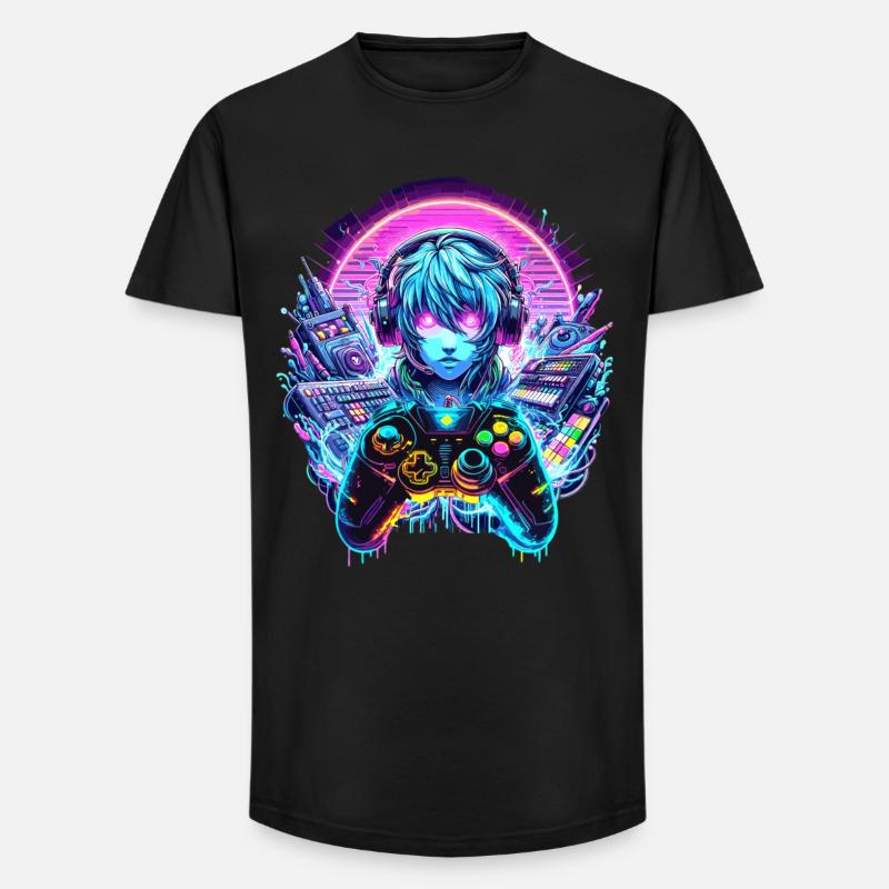 Gamer Headset Anime Synthwave Art - Long Fit Männer T-Shirt - Schwarz