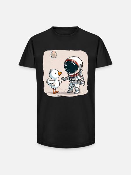 Cute Astronaut and Goose Cartoon Design | Space - Long Fit Men's T-Shirt - black