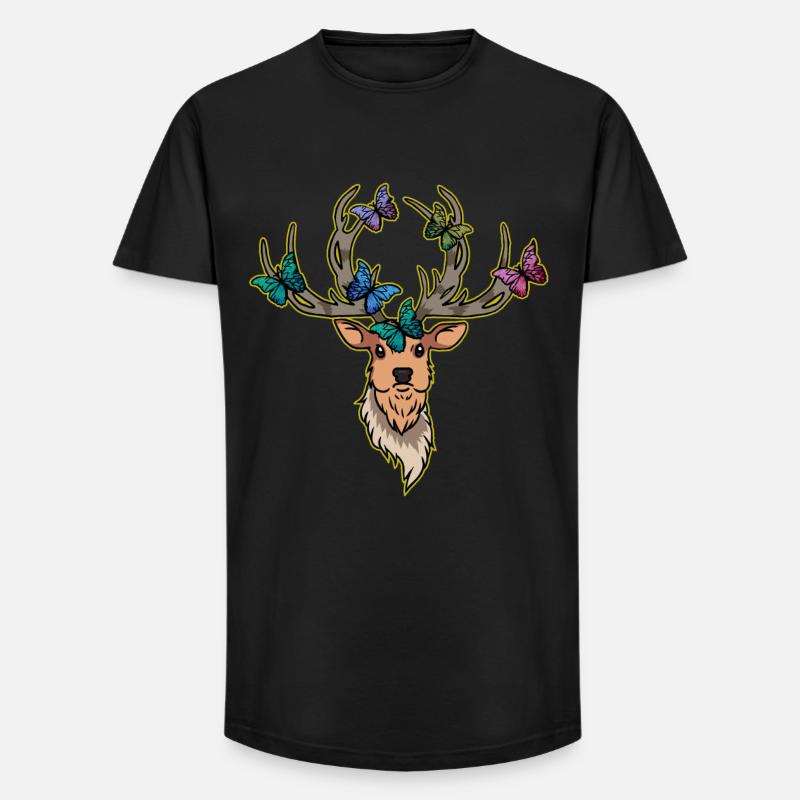 Hirsch Schmetterlinge Hirschkopf Frühling - Long Fit Männer T-Shirt - Schwarz