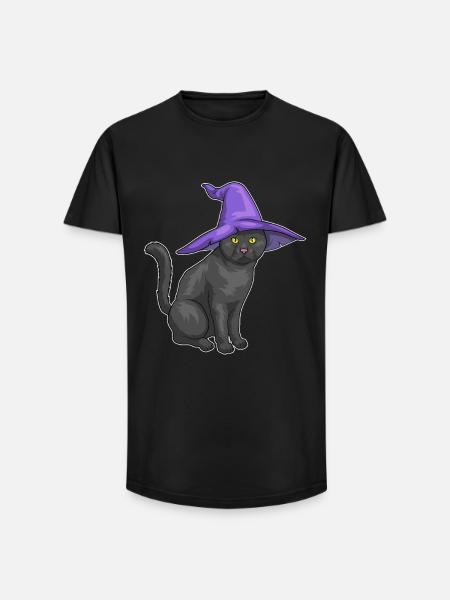 Chat Halloween Sorcière - T-shirt coupe longue homme - noir