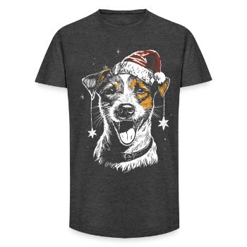 Jack Russell Terrier with Santa Hat and Star - Long Fit Men's T-Shirt - charcoal grey - Front - AI Model Male 185 light (185cm)