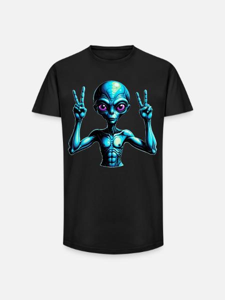 Futuristic Alien Peace Sign Illustration - Long Fit Men's T-Shirt - black