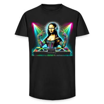 DJ Mona Lisa – Conception de fête Funky Renaissance - T-shirt coupe longue homme - noir - Devant - AI Model Male 185 light (185cm)