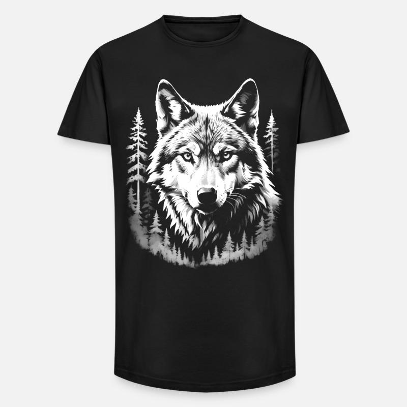 Wolf, Wald - Long Fit Männer T-Shirt - Schwarz