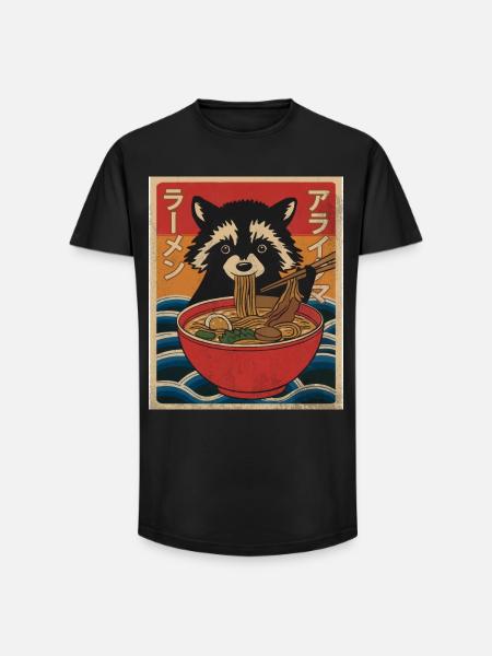 Kawaii Raccoon Ramen Funny Japanese Anime - Long Fit Men's T-Shirt - black