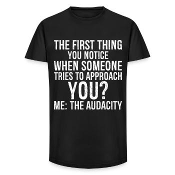 the first thing you notice when someone tries to - Long Fit Men's T-Shirt - black - Front - AI Model Male 185 light (185cm)
