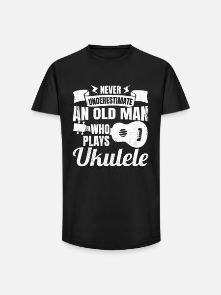 Never underestimate old ukulele players - Long Fit Men's T-Shirt - black