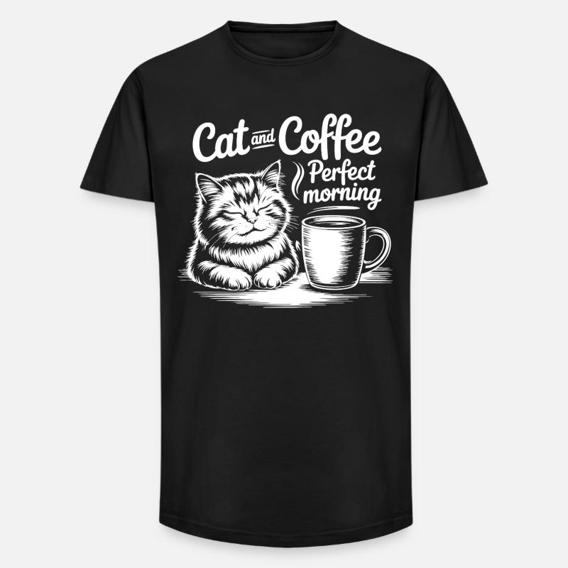 Katzenliebe und Kaffeegenuss - Long Fit Männer T-Shirt - Schwarz