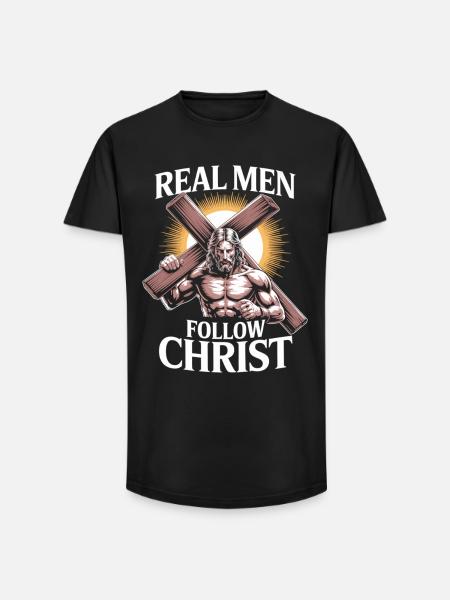 Mannen met geloof – Echte mannen volgen Christus - Heren T-shirt met lange pasvorm - zwart
