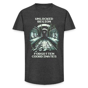 Région débloquée : coordonnées oubliées - T-shirt coupe longue homme - charbon - Devant - AI Model Male 185 light (185cm)