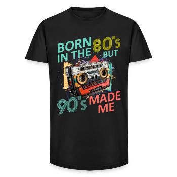 Né dans les années 80 mais les années 90 m’ont fait de la musique Fan Shirt - T-shirt coupe longue homme - noir - Devant - AI Model Male 185 light (185cm)