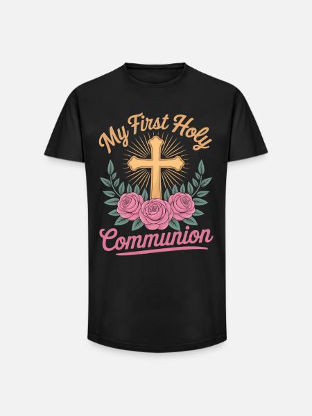 First Holy Communion Cross Roses - Long Fit Men's T-Shirt - black