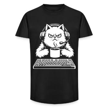 Chat grognon gamer café et clavier - Long Fit Men's T-Shirt - black - Front - AI Model Male 185 light (185cm)