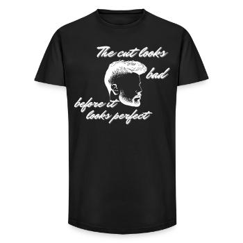 Witziger Friseur-Haarschnitt schlecht vor perfekten Männern – Zitat - Long Fit Männer T-Shirt - Schwarz - Vorne - AI Model Male 185 light (185cm)