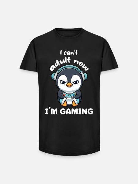 I cant Adult now I'm Gaming funny Gamer Penguin - Long Fit Men's T-Shirt - black