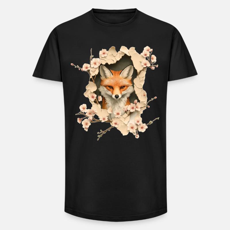 Fuchs mit Kirschblüten - Long Fit Männer T-Shirt - Schwarz