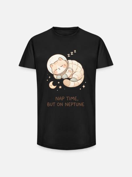 Nap Neptune | Chat de l’espace mignon - T-shirt coupe longue homme - noir