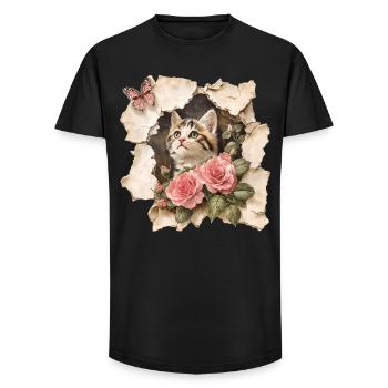 Chat au papillon - T-shirt coupe longue homme - noir - Devant - AI Model Male 185 light (185cm)