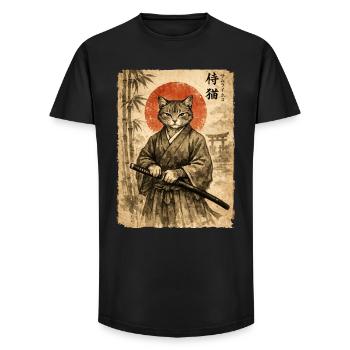 Samurai, Katze, Kater, Japanische Kunst, Anime - Long Fit Männer T-Shirt - Schwarz - Vorne - AI Model Male 185 light (185cm)