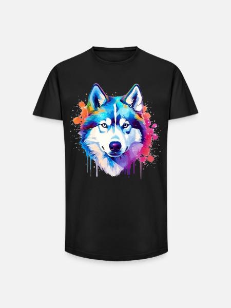 Bunte Husky-Hunde-Splash-Art - Long Fit Männer T-Shirt - Schwarz