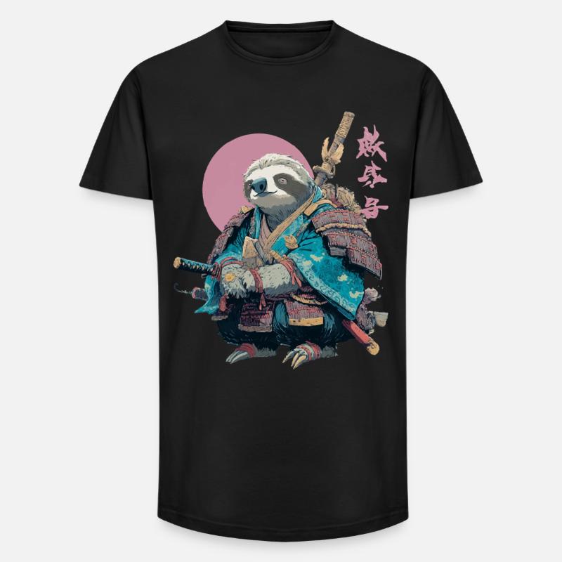Faultier-Samurai in blauer Rüstung - Long Fit Männer T-Shirt - Schwarz